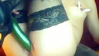 Slender too pale webcam bitch in black stockings used cucumber for cunt