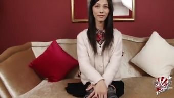Skinny Japanese tranny in a sweater strips to arouse you