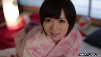 Likable short haired Japanese lady You Asakura is teased with a huge vibrator