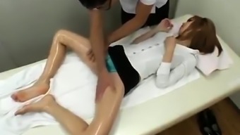 Slim Oriental teen with small boobs gets massaged and fucked