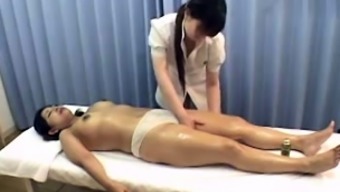 Subtitled Japanese topless lesbian oil massage foreplay