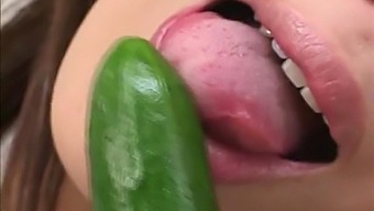 Uncensored video of naughty Saku Momona inserting food in her cunt