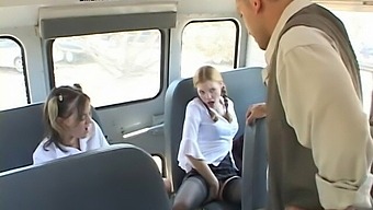 Two naughty schoolgirls suck the bus driver&#039;s hard dick in the backseat