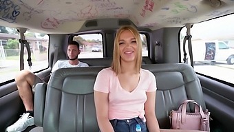 Hot blonde strips in the bang bus for extra fun with the cock