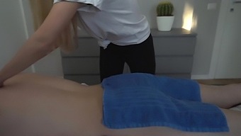 Fitness enthusiast gives client a sensual massage with hands-on stimulation.