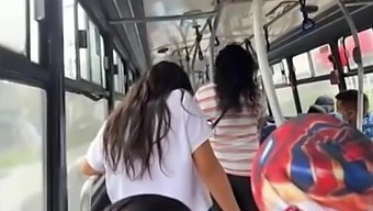 Big-titted Latina babe masturbates on a bus