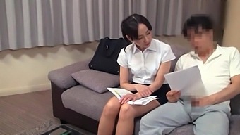 Japanese office worker gets wild and kinky on the couch